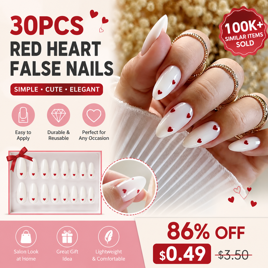 30Pcs Simple Red Heart False Nails
