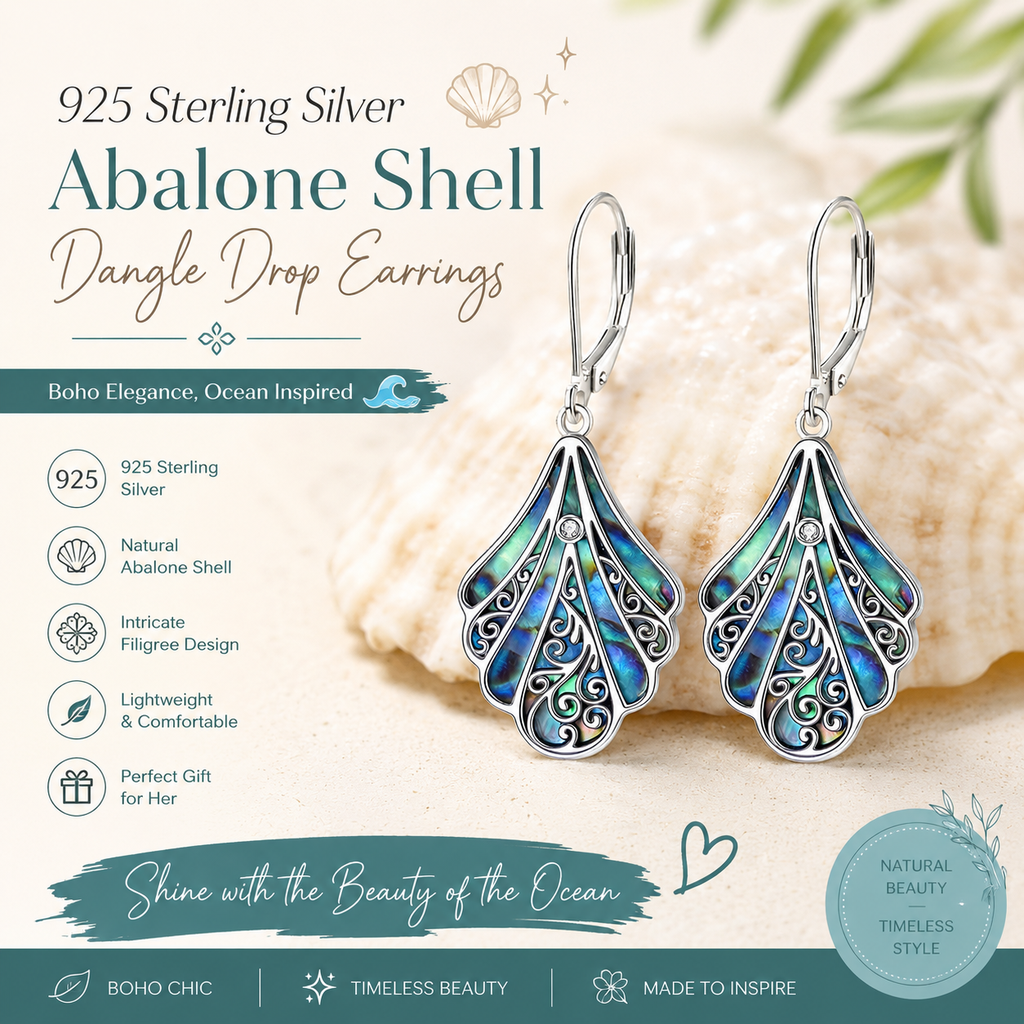 Sterling Silver Abalone Shell Dangle Drop Earrings