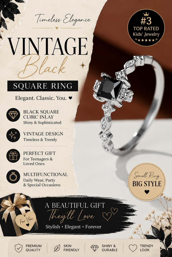Elegant Vintage Black Square Ring 💍